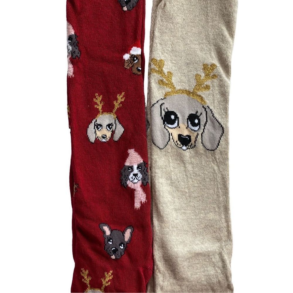 H&M GIRL’S 3T/4T CHRISTMAS 2 PAIR CUTE DOGGIE TIGHTS